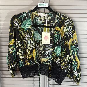 Timing Green and Black Crop Tie Front Blouse